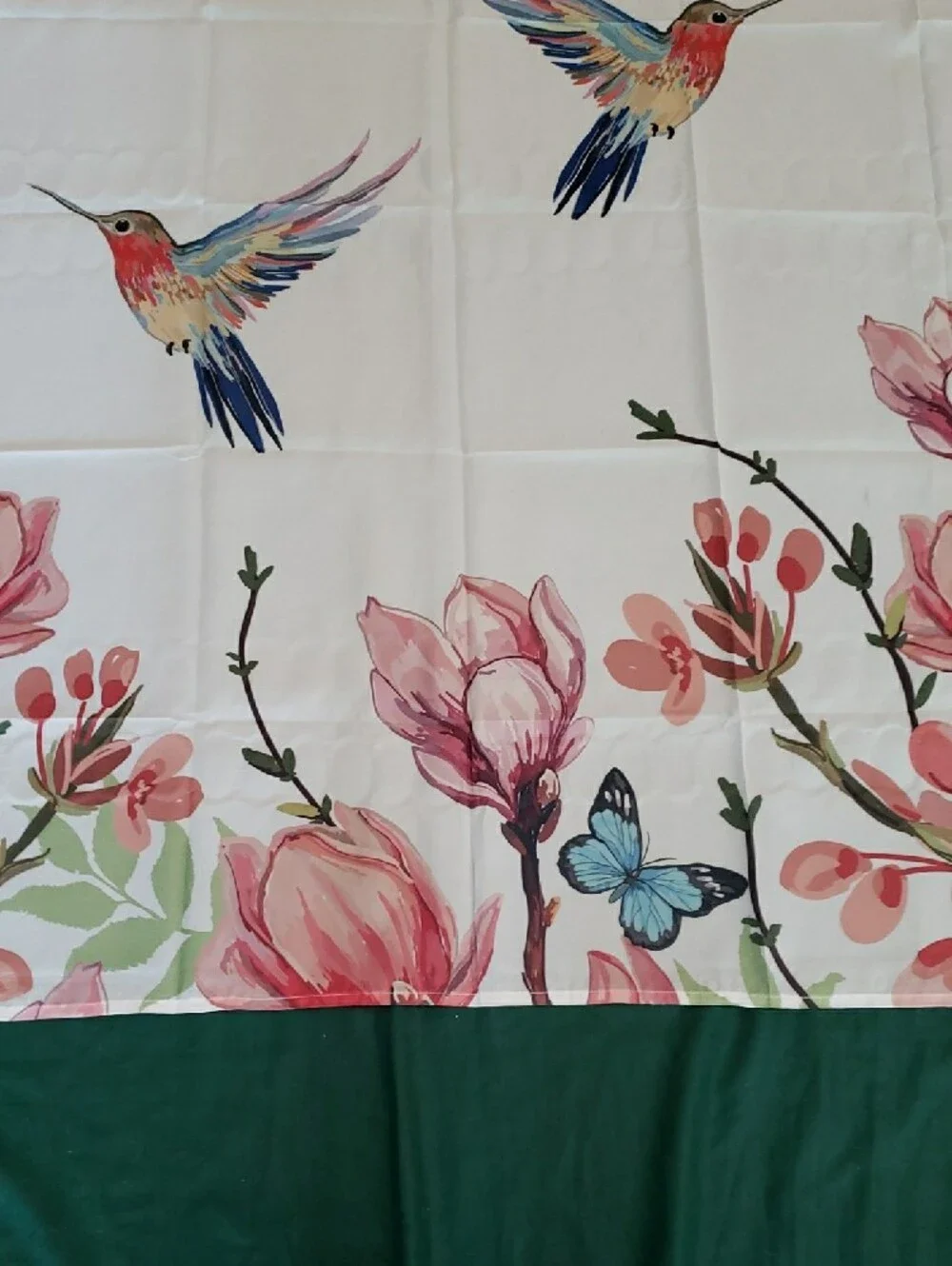 NEW Shower Curtain Allenjoy Pink Floral & Hummingbirds on White & Butterflies